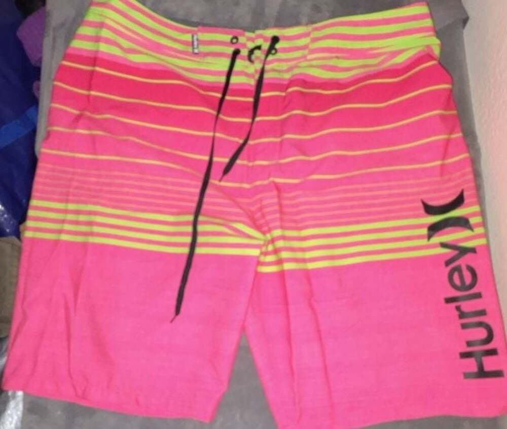 Hurley Men's Pink and Neon Yellow Striped Boardshorts